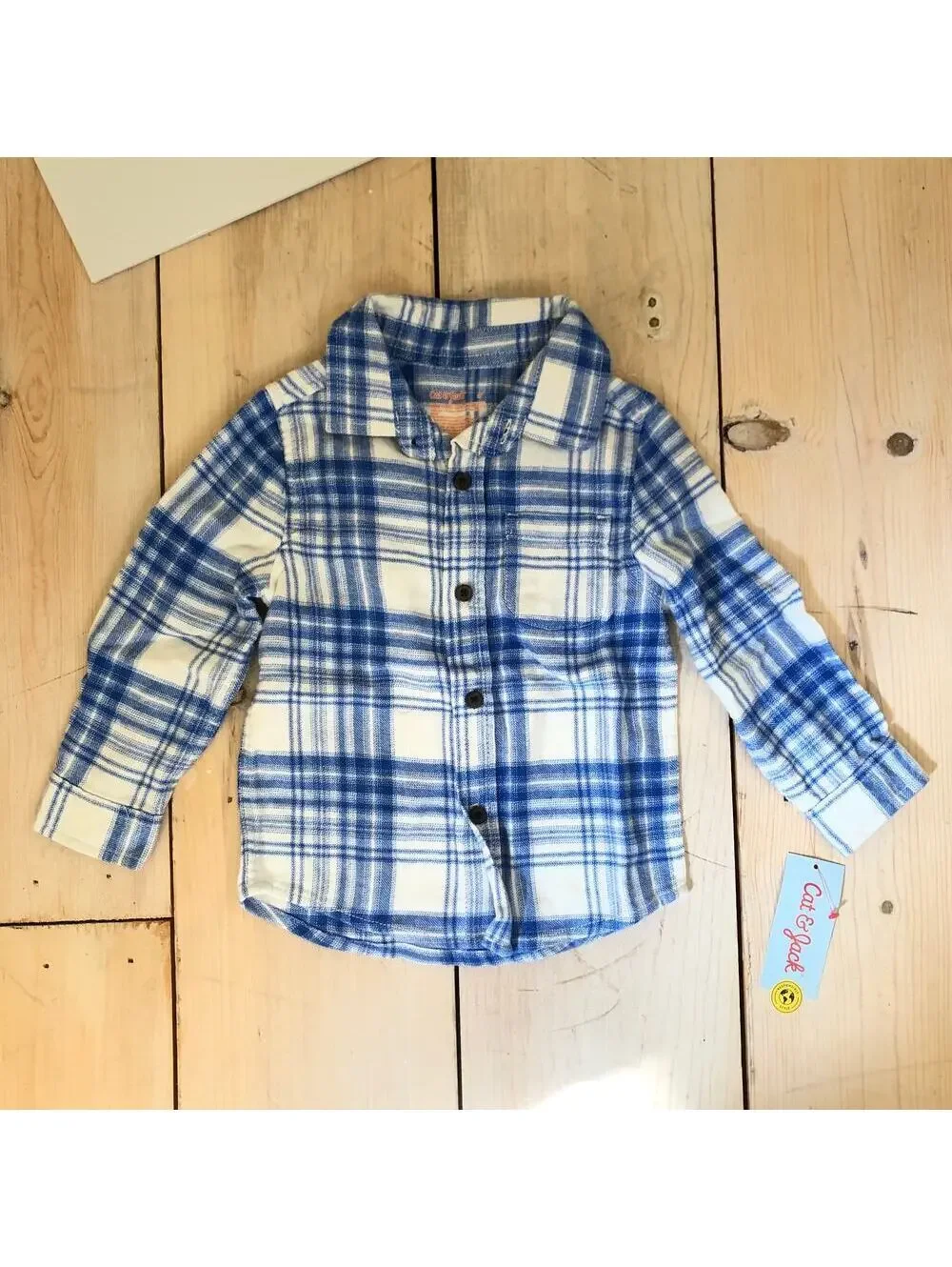 Cat & Jack NWT Toddler Boy Blue White Plaid Flannel Button Down Shirt 2T